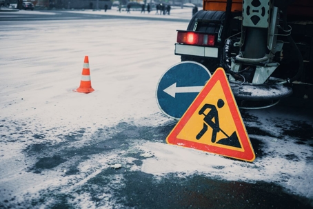 Warning road sign and orange cone.Winter service vehicle snow blower work.Careful on snowy icy roads