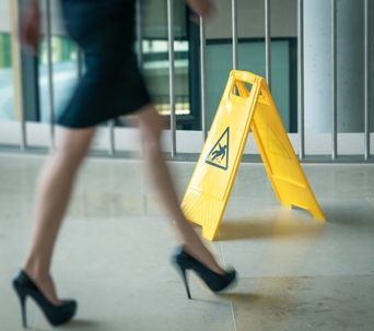 A yellow warning sign "slippery " with a walking woman